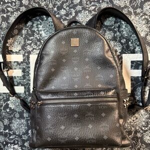 MCM Black Leather Backpack with Stud Accents